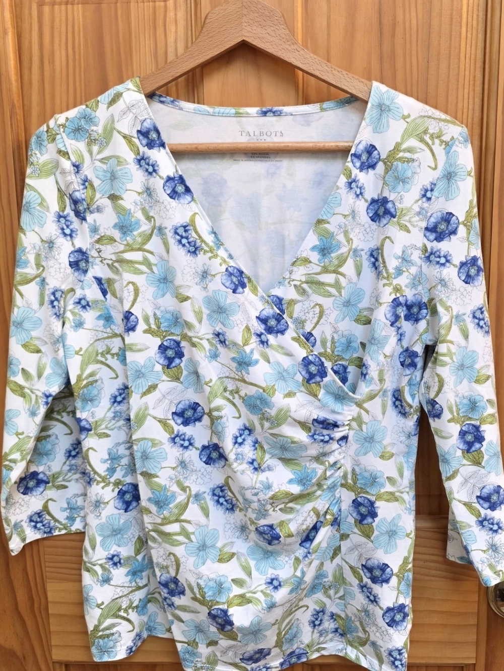 Talbots White Blue & Green Floral V-Neck Wrap Top